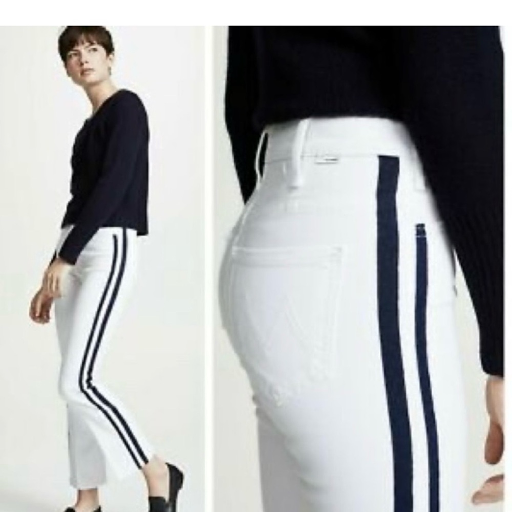 Mother Hustler Ankle White denim with blue stripes